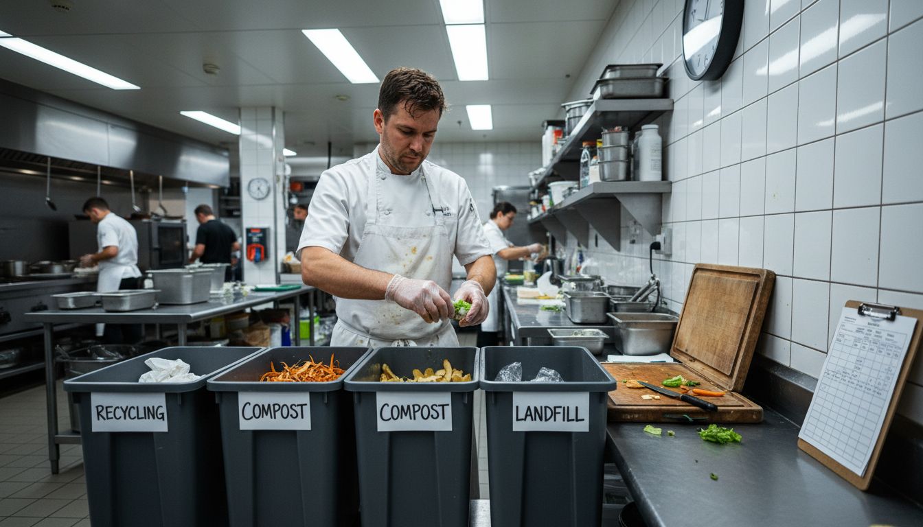 Chef sorts kitchen scraps into labeled bins