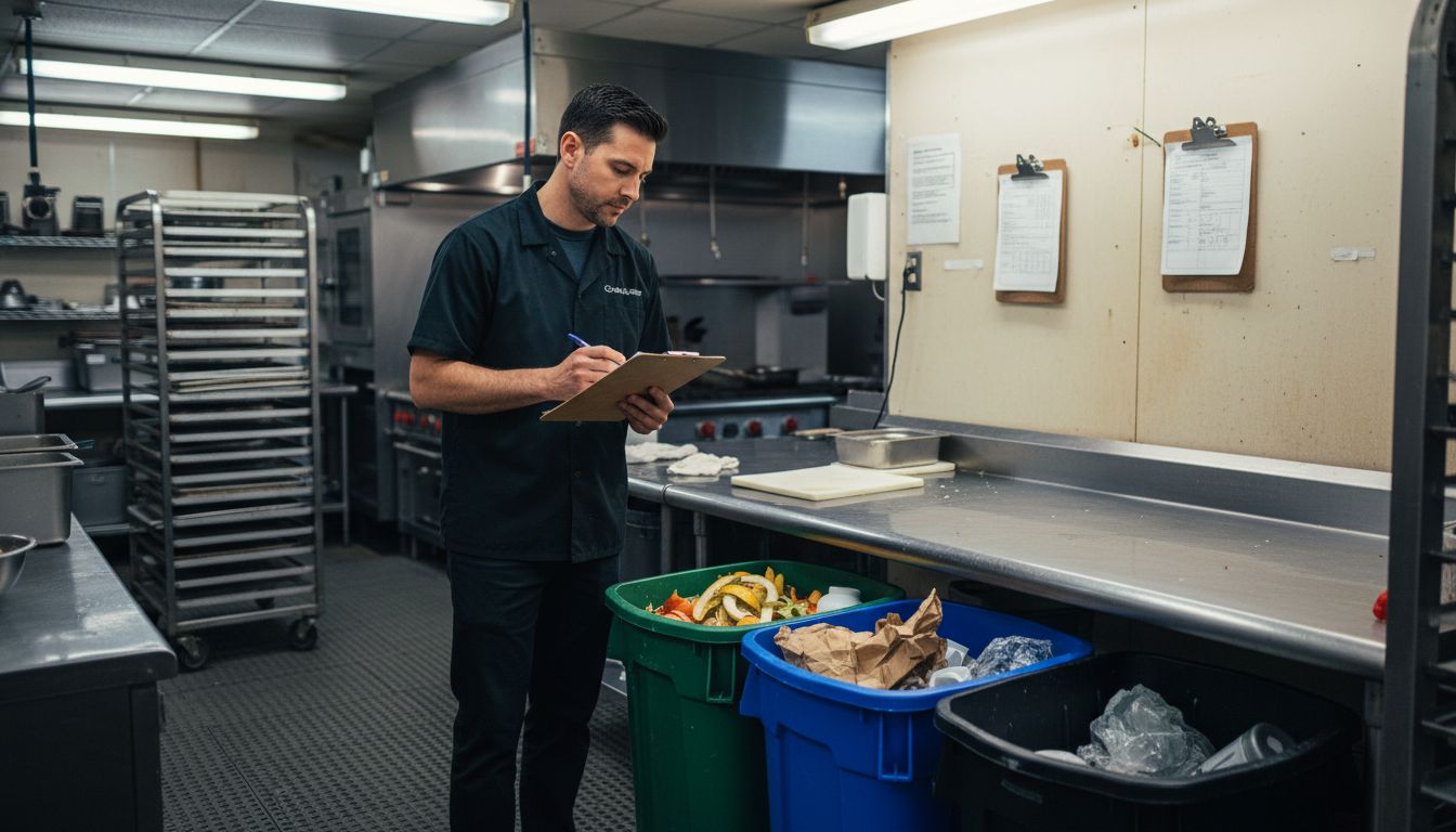 Kitchen manager assessing restaurant waste bins