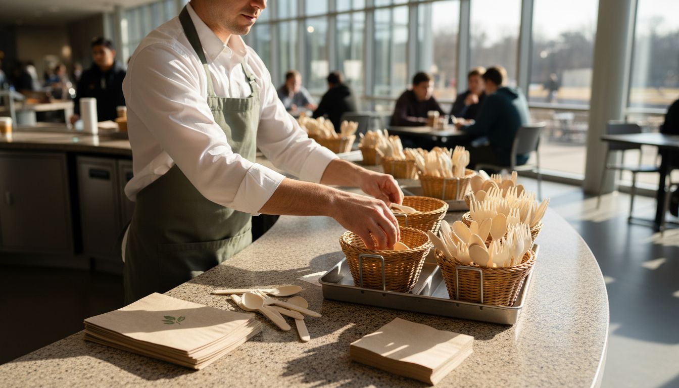 Cafeteria staff restocking eco friendly spoons