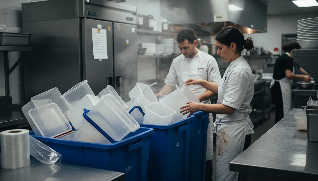 Restaurant staff sorts plastic recycling containers