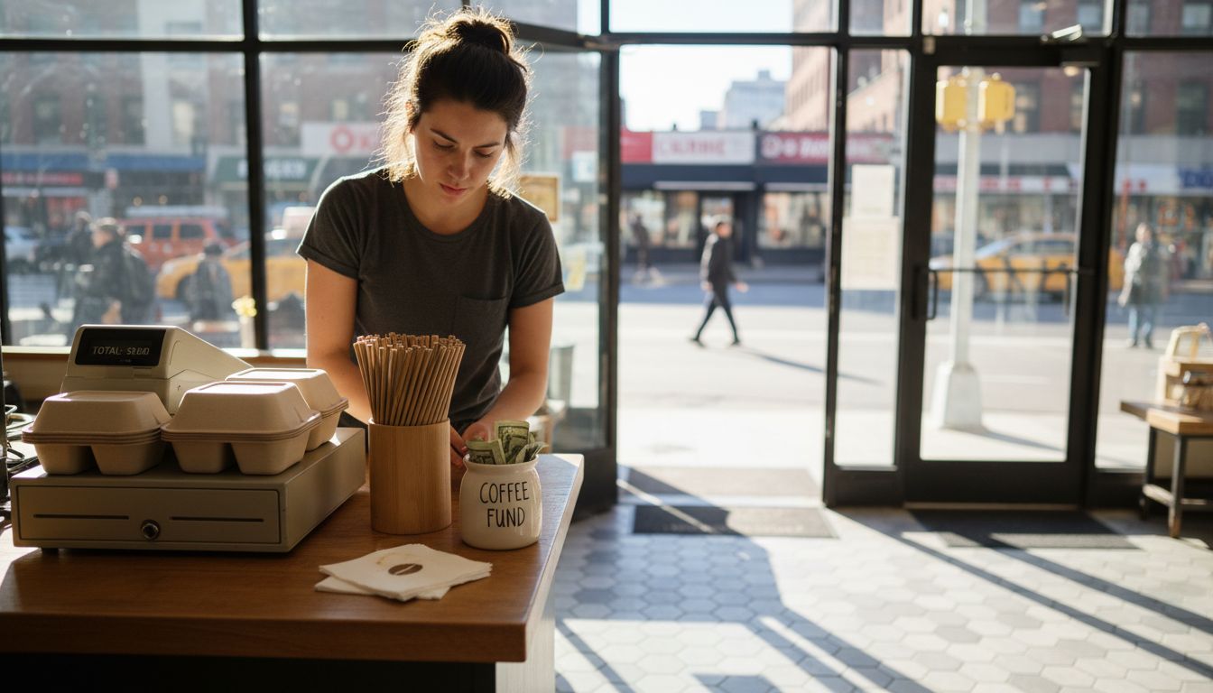 Barista arranging eco-friendly takeaway containers by window