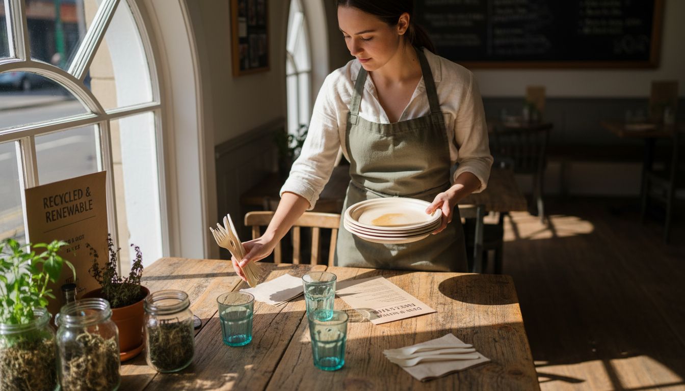 Server sets table with eco-friendly cutlery
