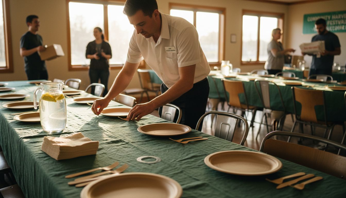 Caterer setting eco-friendly partyware table