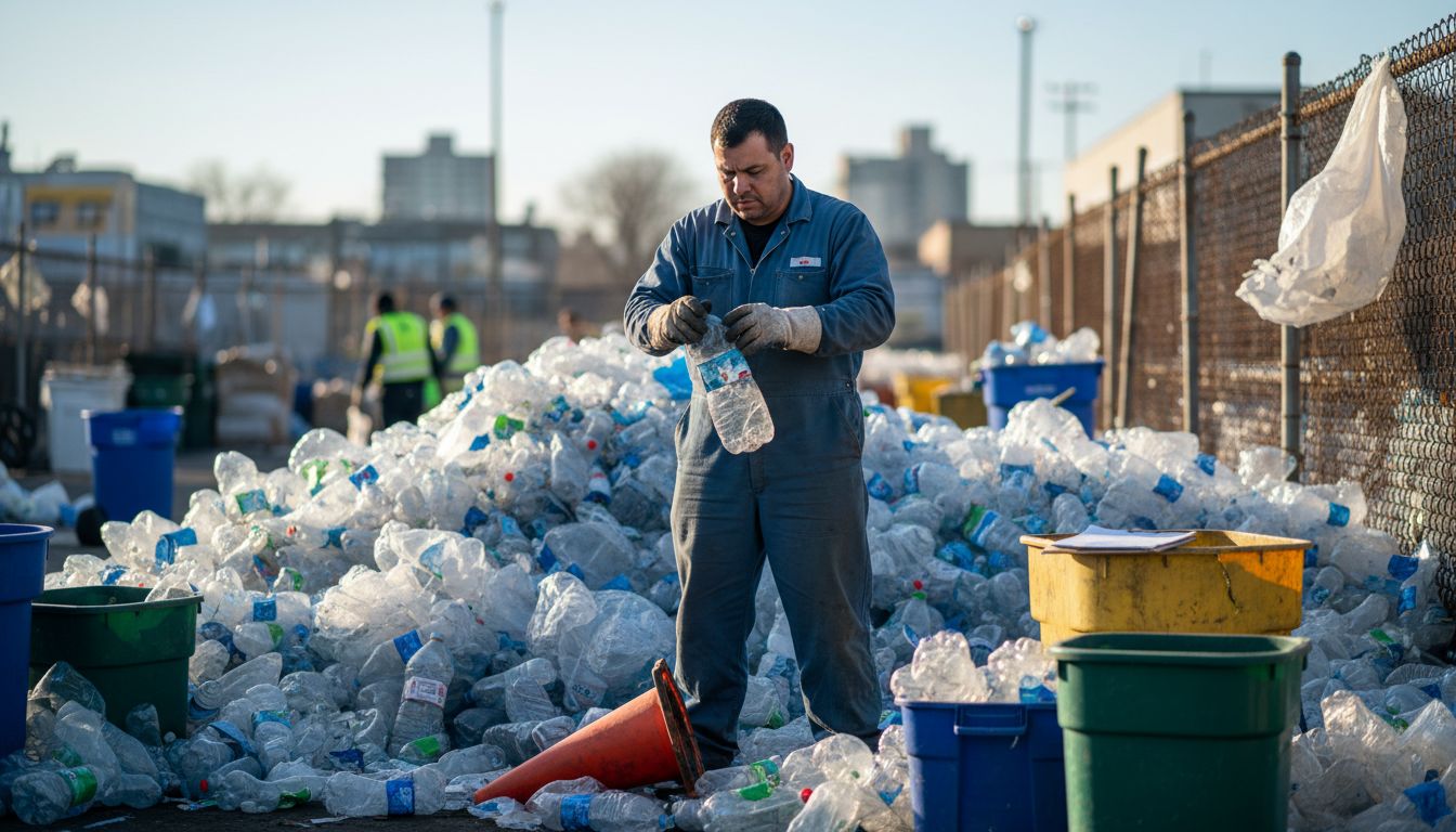 Worker sorting plastic bottles at landfill