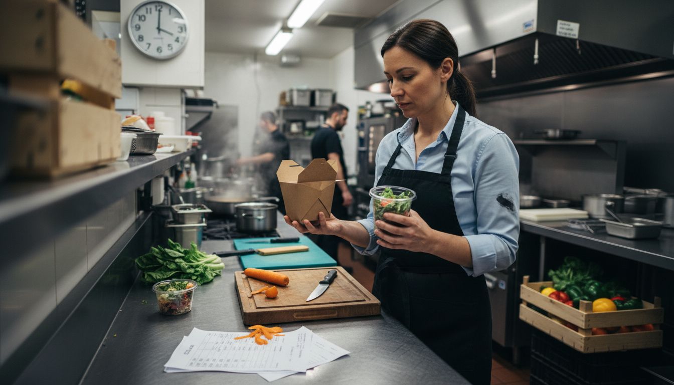 Foodservice manager comparing sustainable packaging