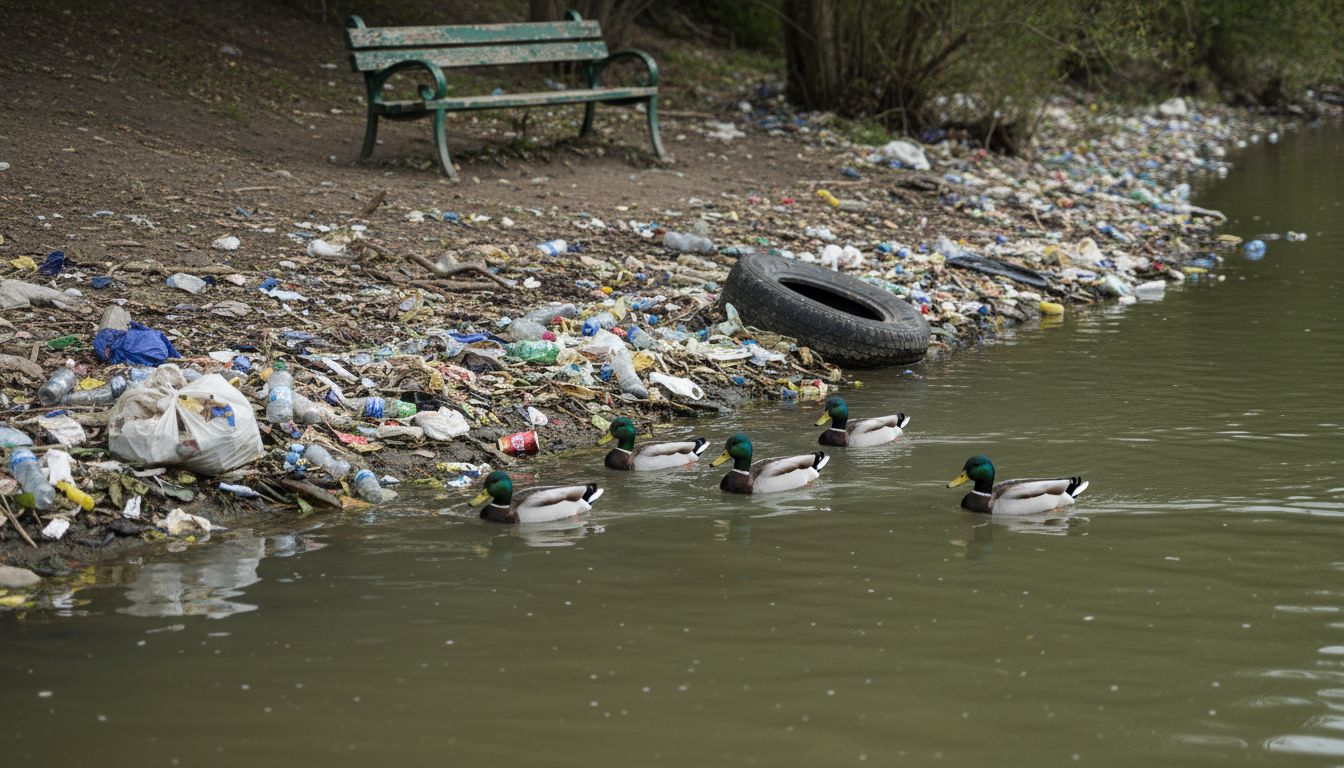 Riverbank wildlife among plastic litter