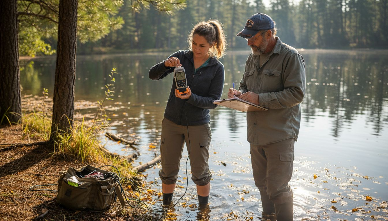 Biologists sampling lake water in forest