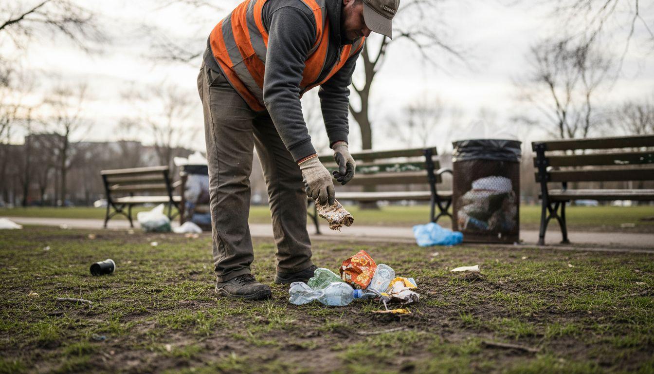 Worker picking up park plastic litter