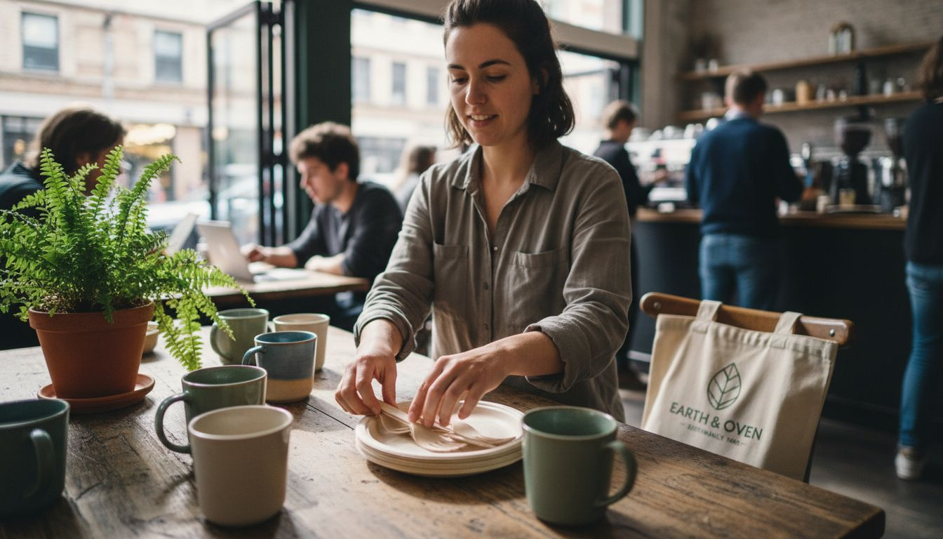 Café worker placing eco-friendly disposable forks