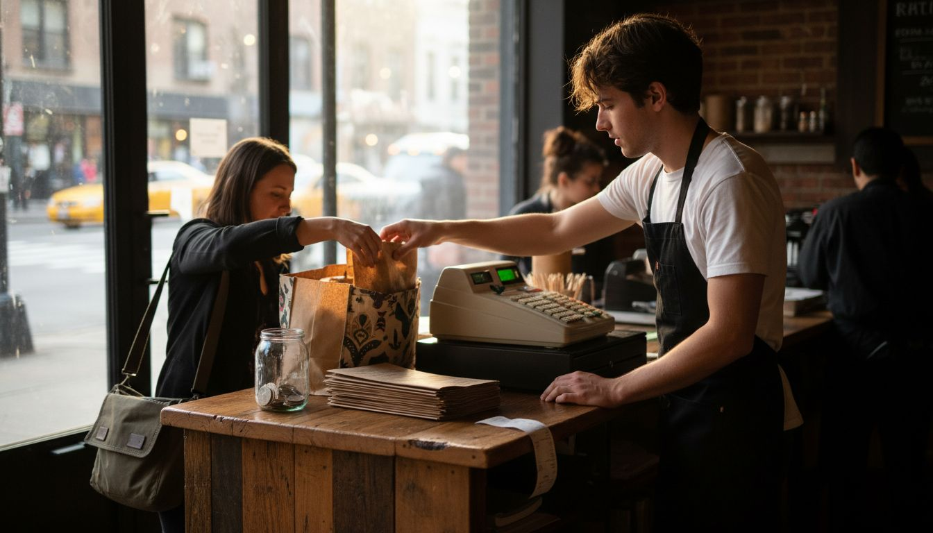 Chef helping customer pack with reusable tote