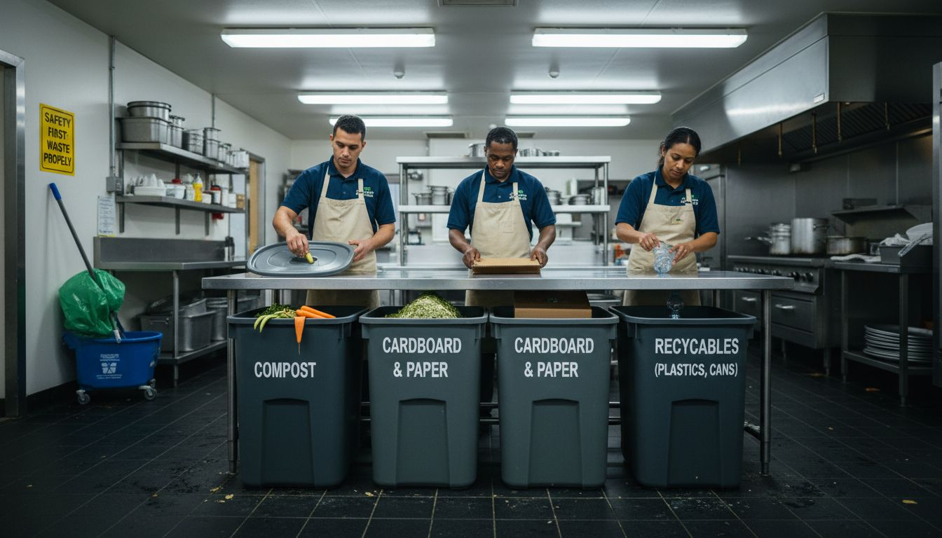 Kitchen staff sorting restaurant waste at bins
