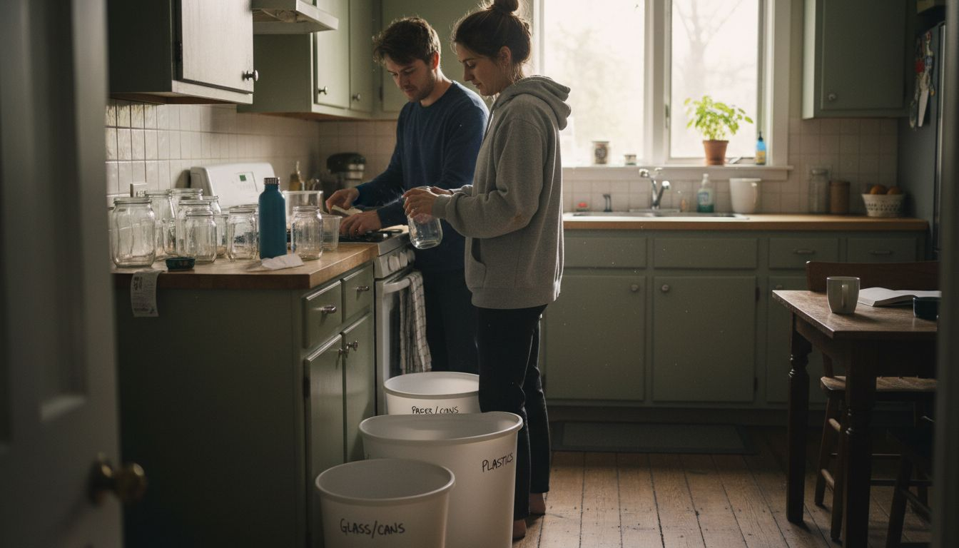 Couple sorting recycling in home kitchen