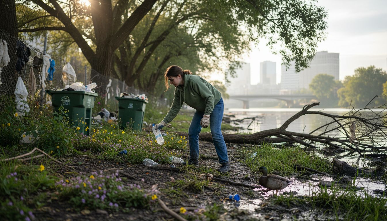Volunteer cleaning riverbank plastic pollution