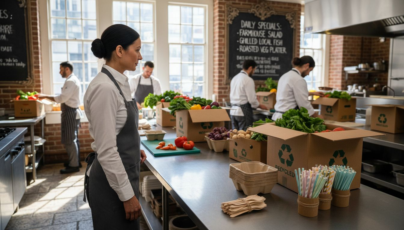 Manager inspects compostable packaging in restaurant