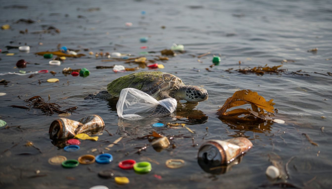 Sea turtle entangled in plastic debris