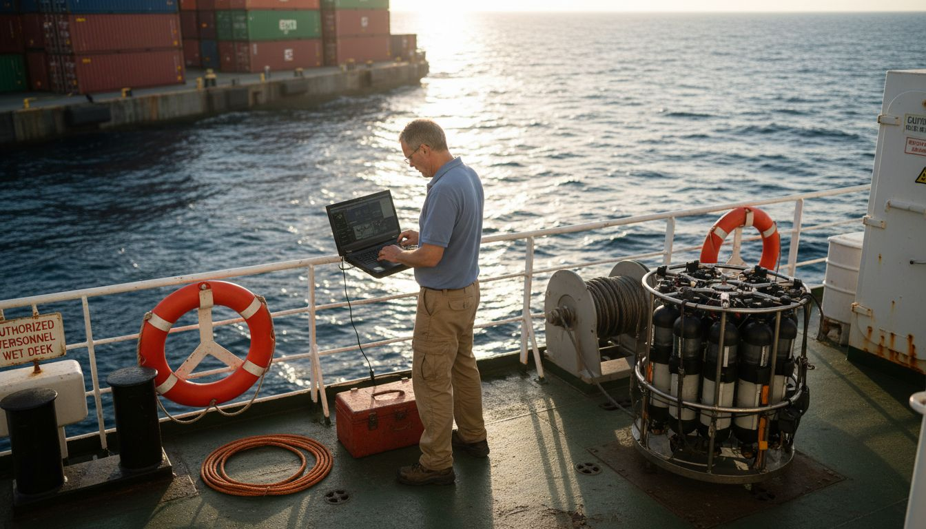 Marine scientist working on research vessel deck