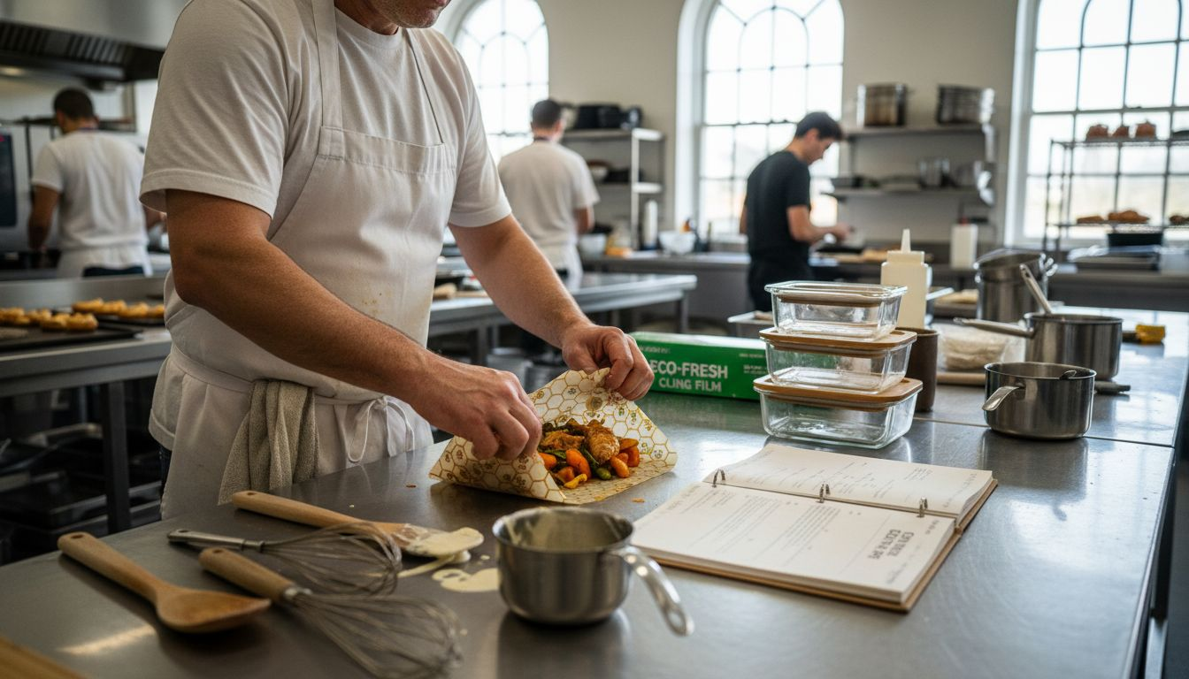 Chef using eco-friendly wrap storage method