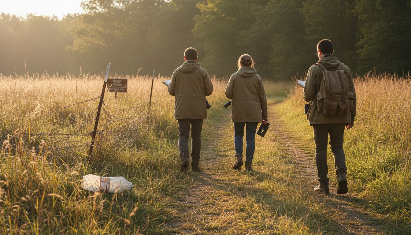 Ecology team in grassland at sunrise
