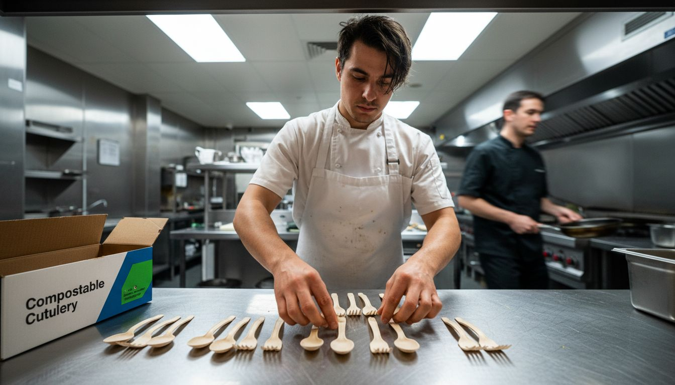 Chef organizing eco-friendly forks and spoons