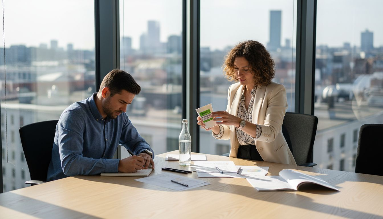 Professionals reviewing bioplastic samples in office