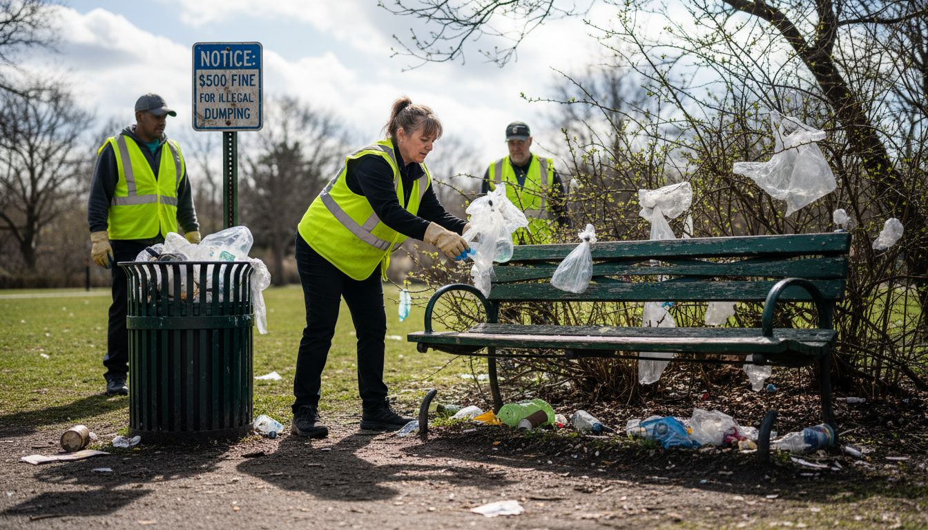 Cleanup crew removing plastic bags in city park