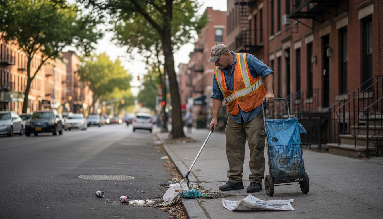 Sanitation worker cleaning plastic bag litter