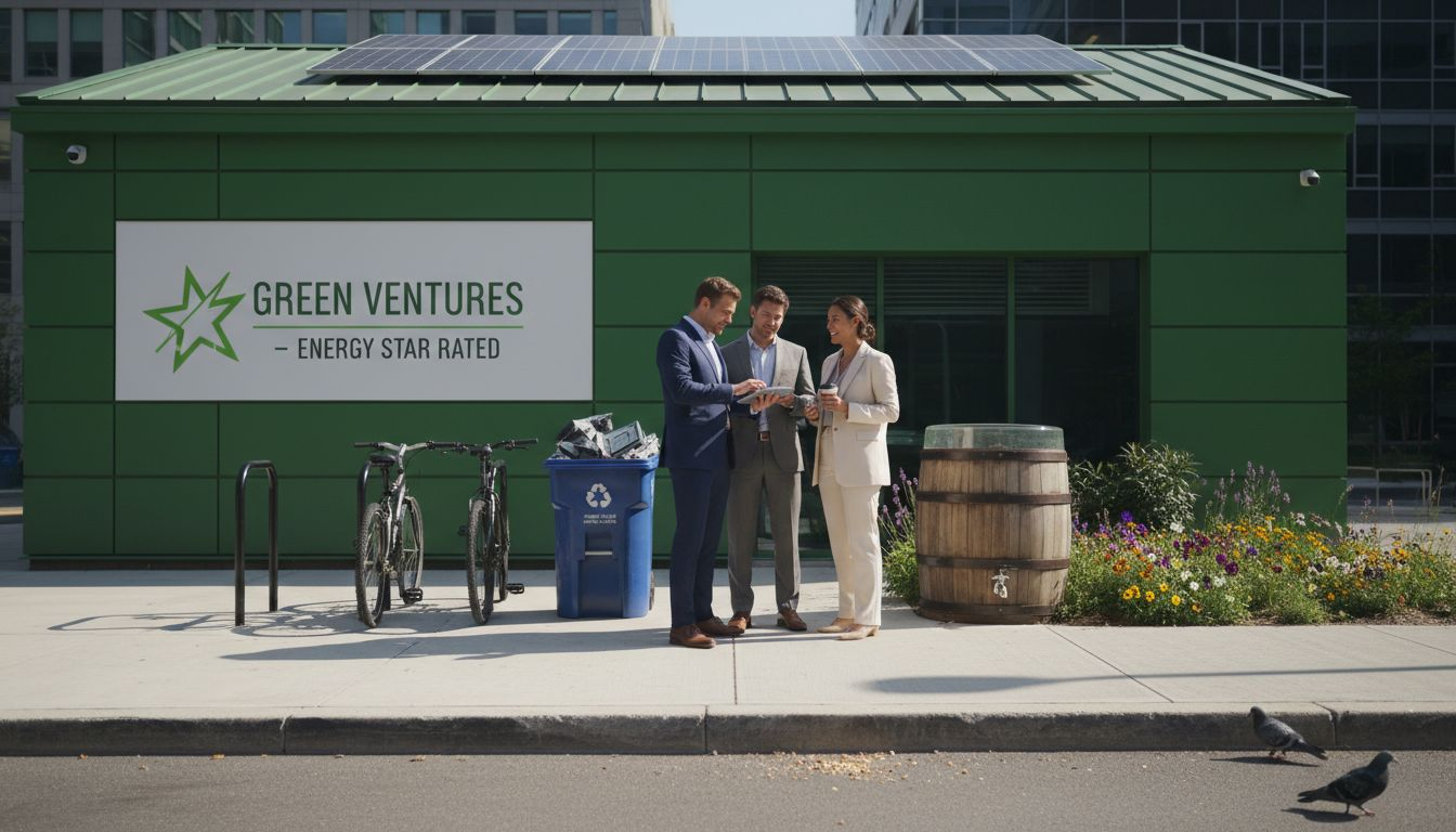 Professionals outside green eco friendly office building