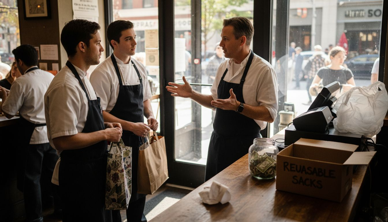 Restaurant manager discussing reusable bag practices