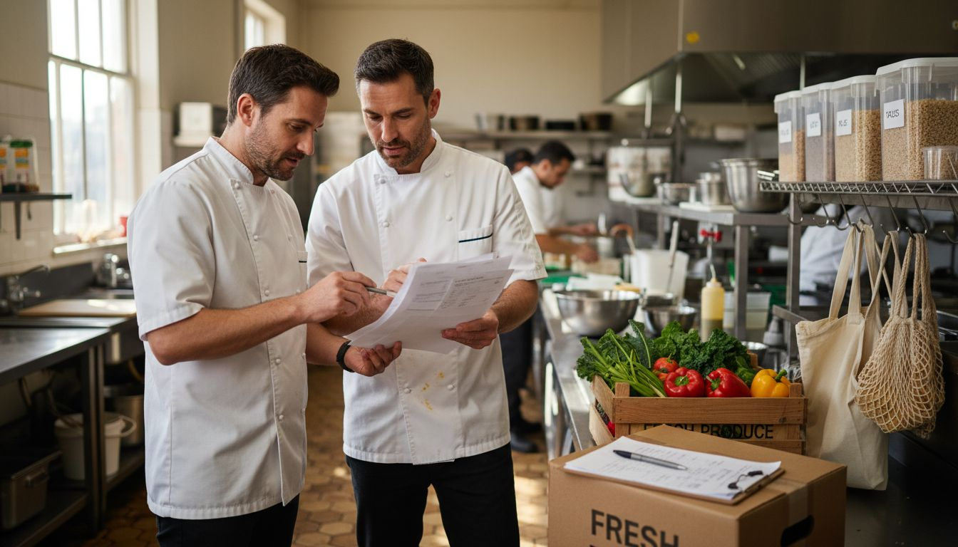Restaurant staff reviewing sustainable supply delivery