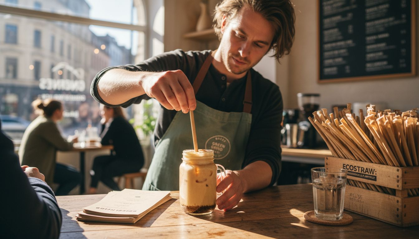 Barista using plant protein straw in café setting