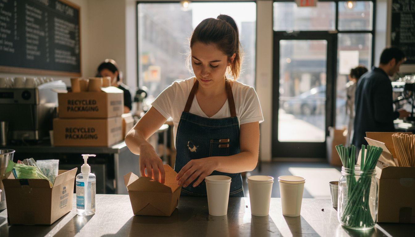 Barista organizing sustainable packaging in cafe