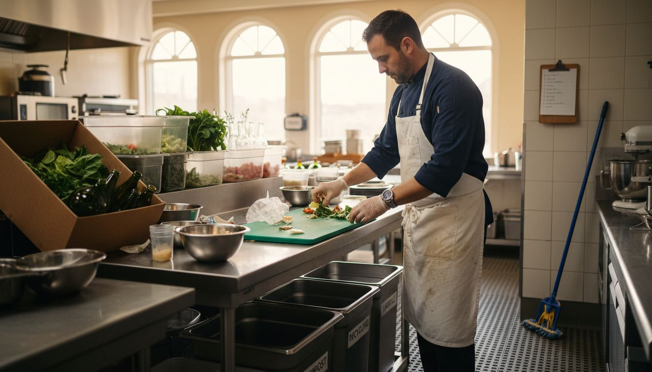Chef sorting waste into kitchen bins