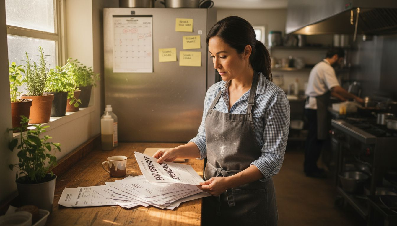 Restaurant owner reviewing eco-friendly menu at kitchen table
