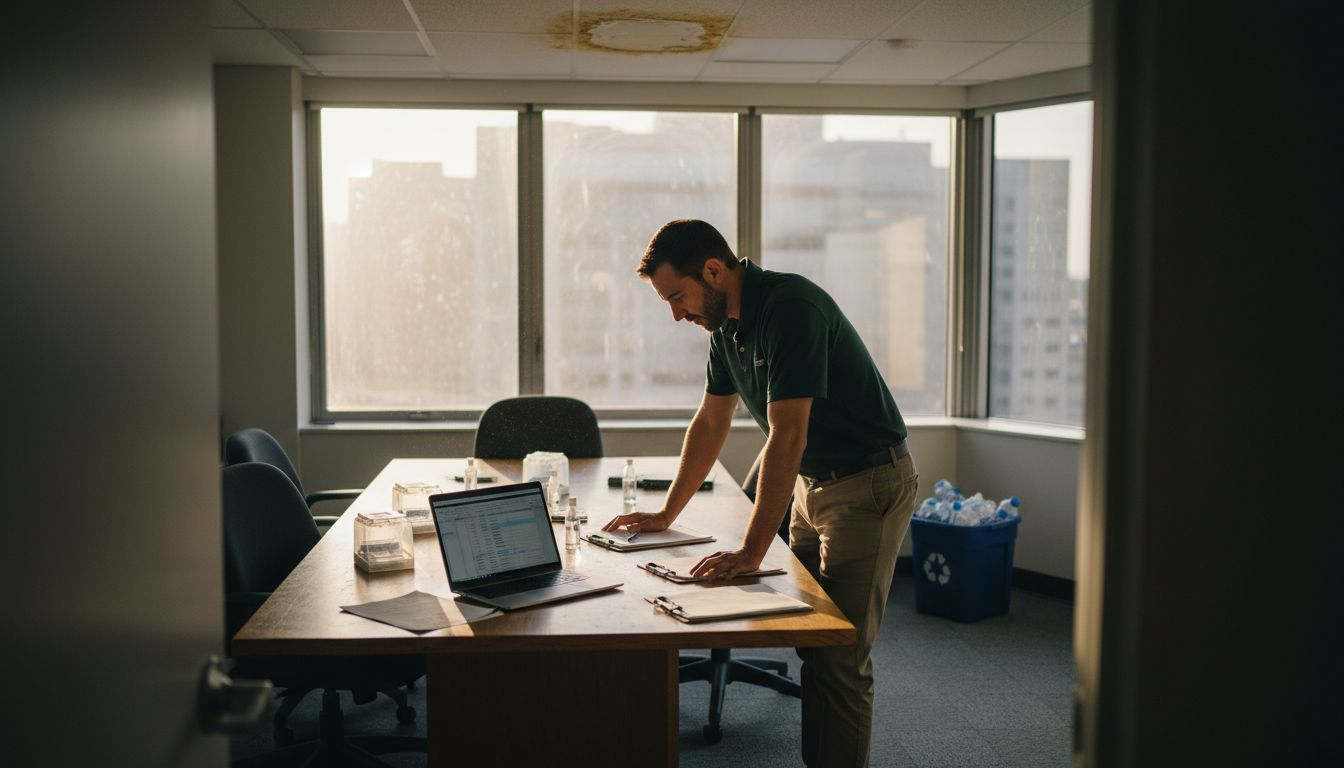 Manager reviews microplastic audit supplies in office
