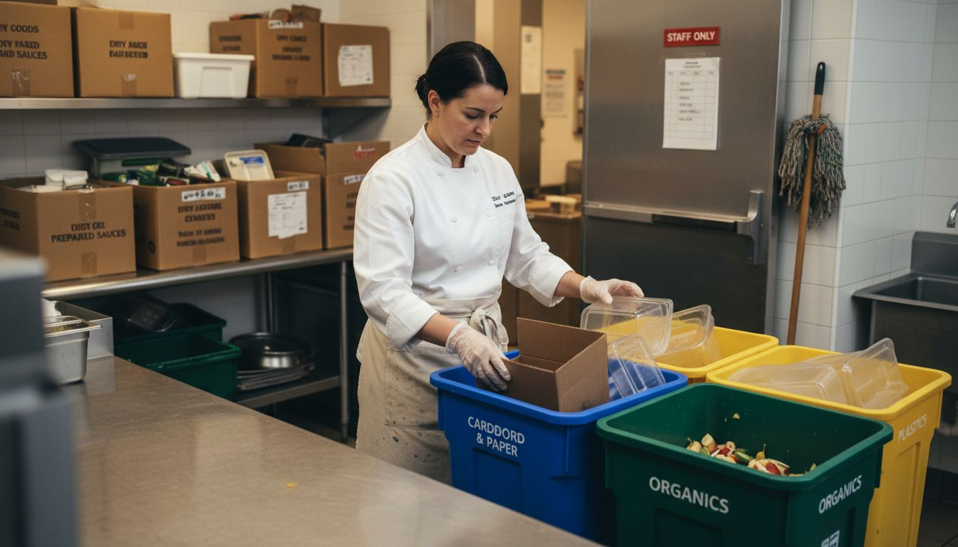 Hotel staff sorting packaging and recyclables