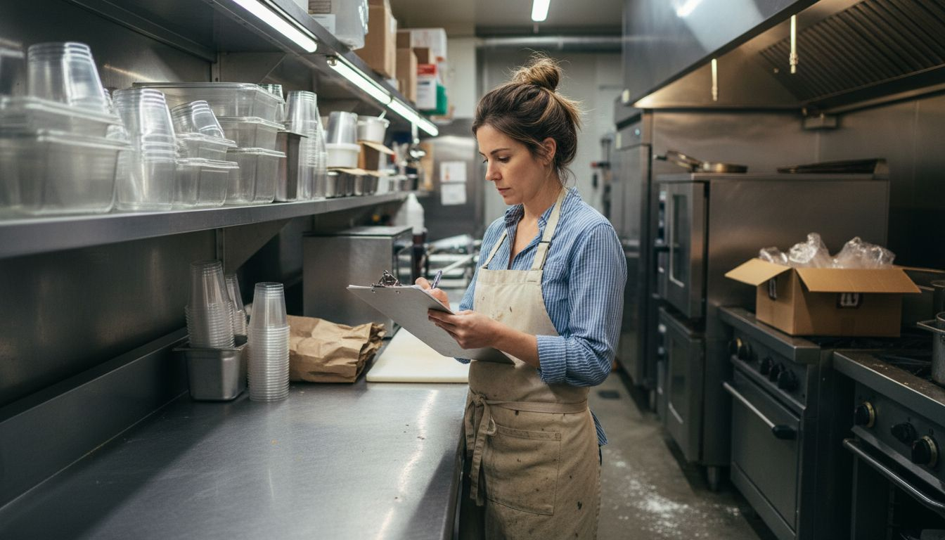 Manager assessing plastic use in restaurant kitchen