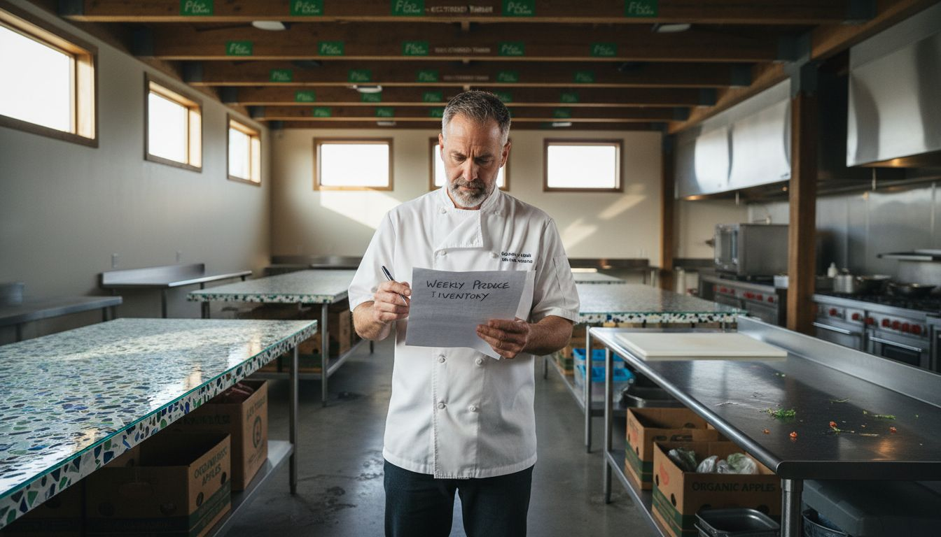 Chef in eco-friendly commercial kitchen reviewing inventory