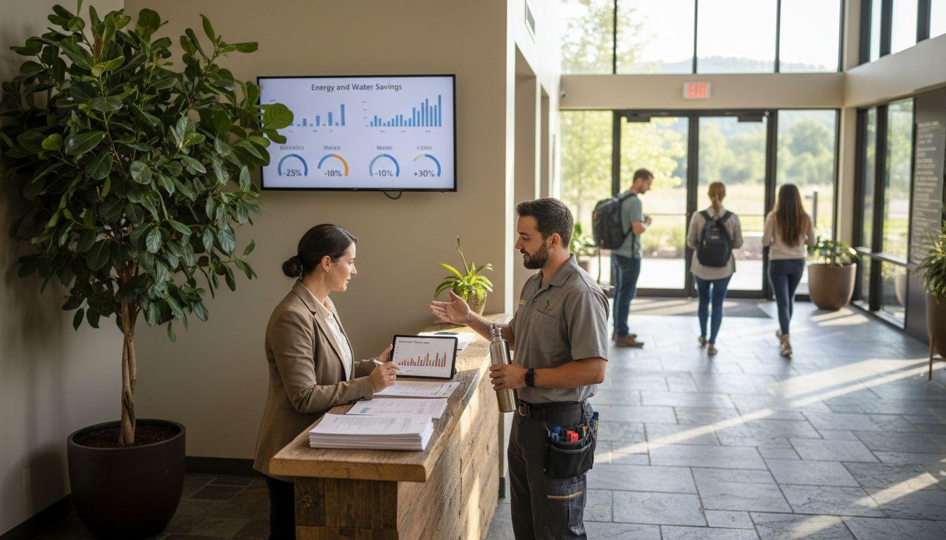 Eco hotel lobby with sustainable management activity