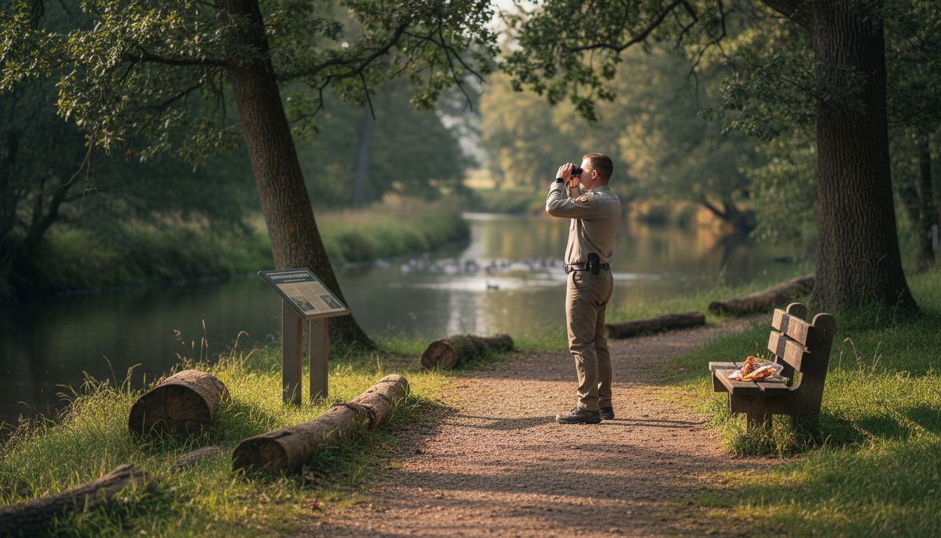 Park ranger viewing river for conservation