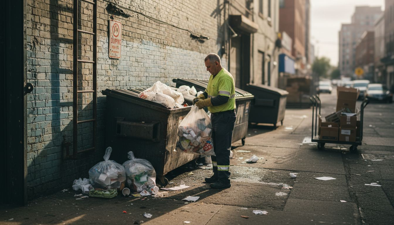 Plastic foodservice waste piles behind restaurant