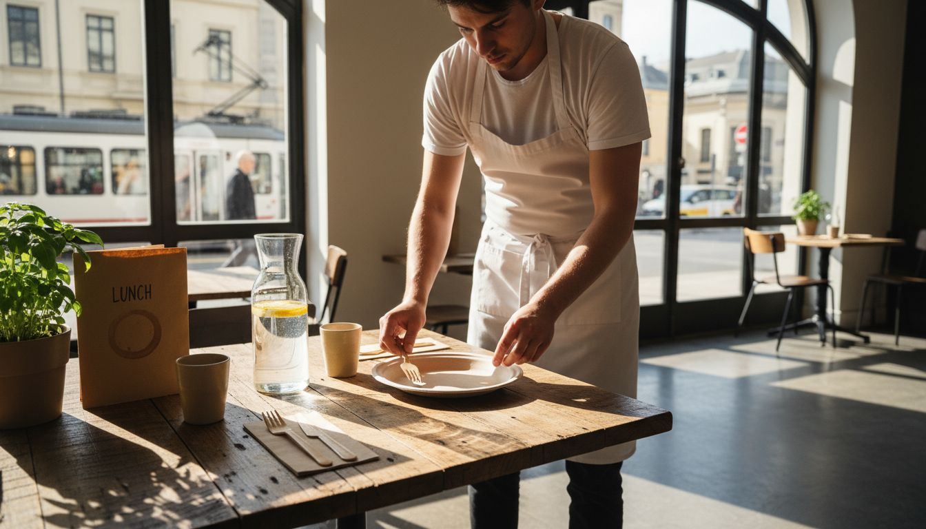 Chef preparing eco-friendly dining table setting