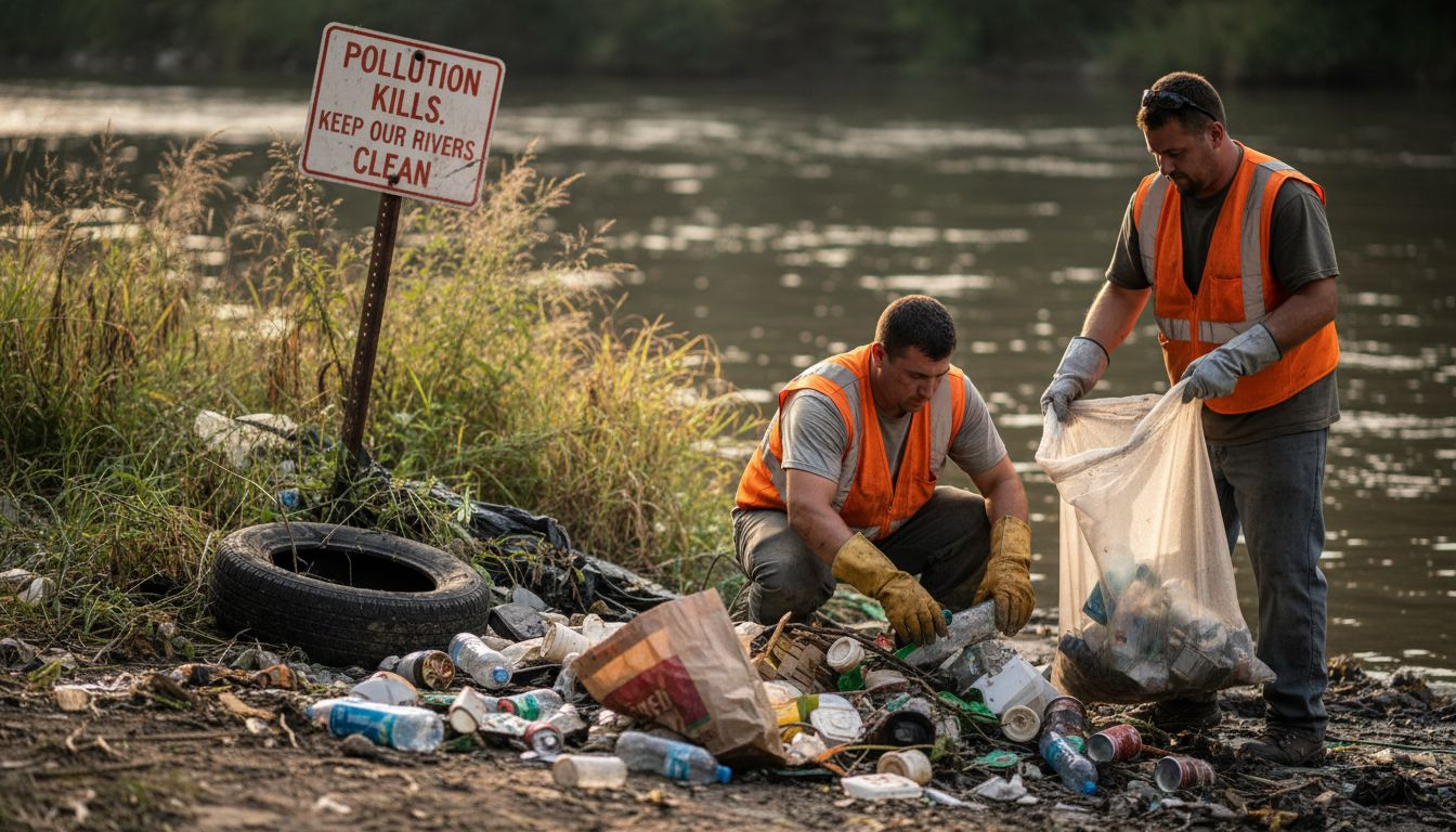 Workers collecting plastic waste by a polluted river