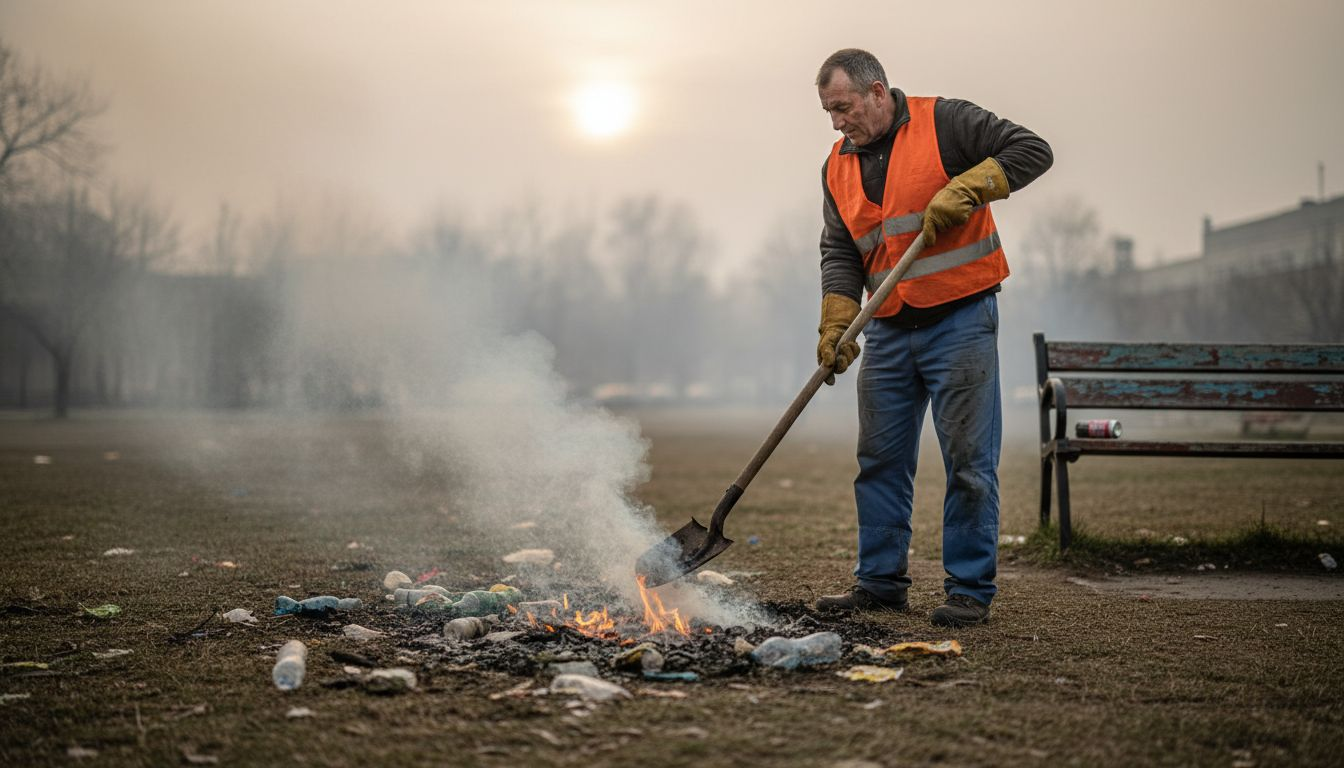 Worker examines burning plastic in city park