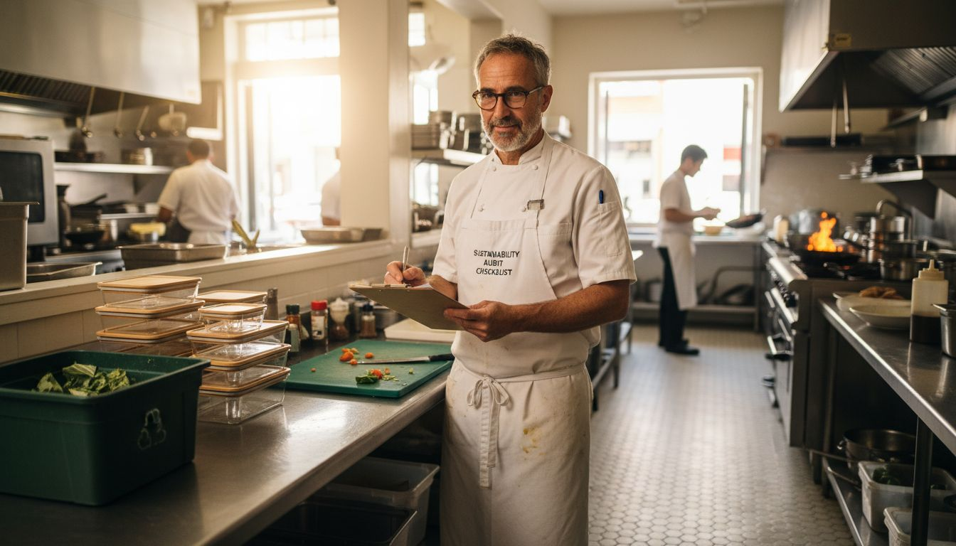 Chef conducting sustainability audit in kitchen