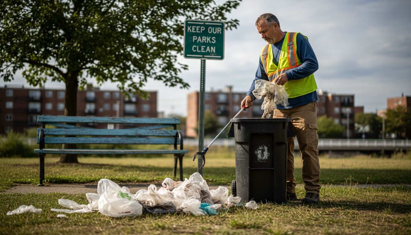 City worker collecting plastic bags in park
