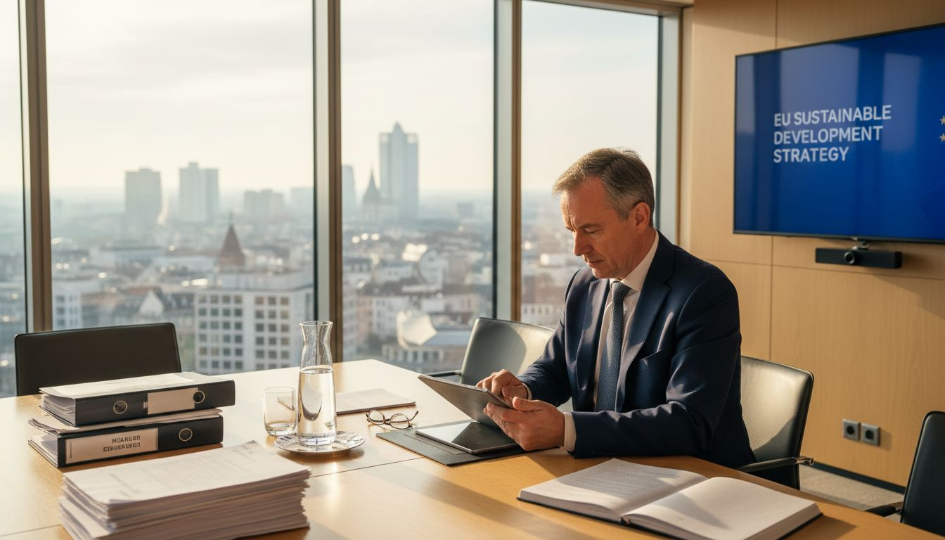 EU official reviewing strategy documents in meeting