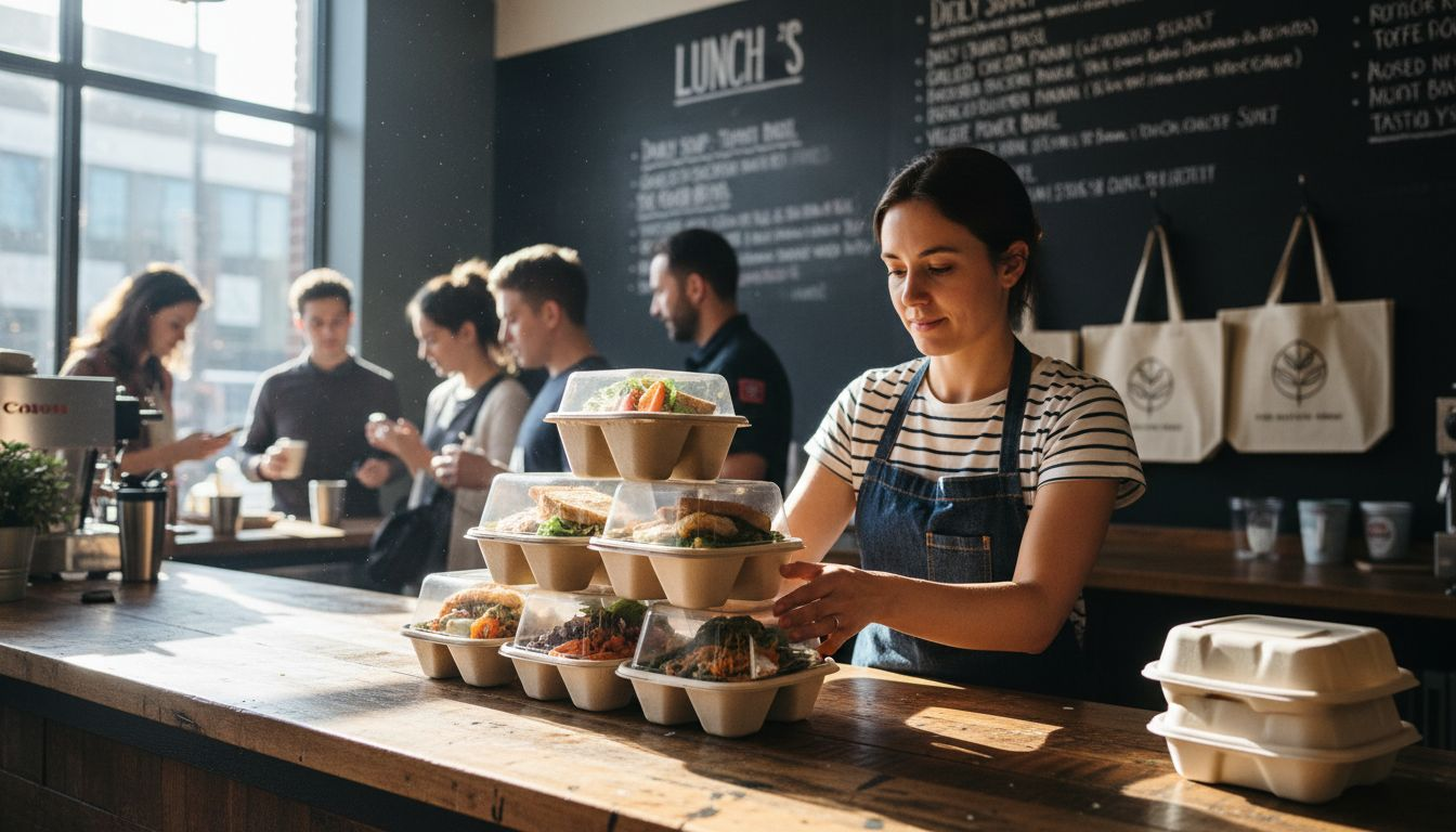 Biodegradable takeout containers prepped in café