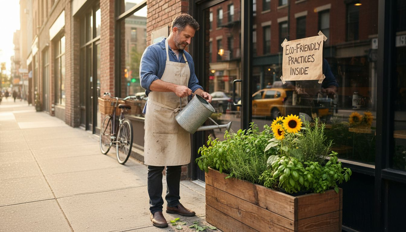 Restaurant owner watering eco-friendly storefront