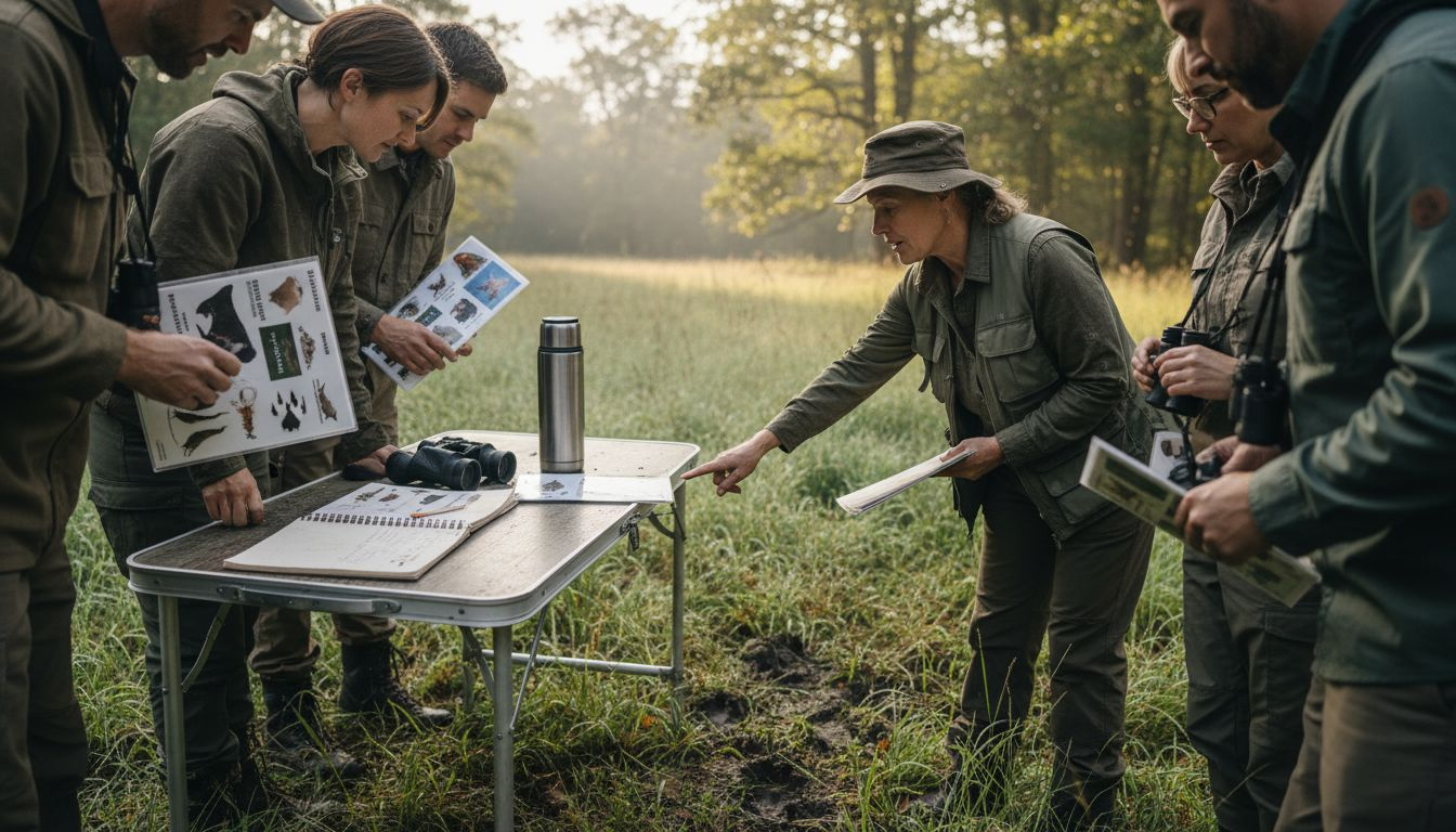 Wildlife management students with field guides outdoors