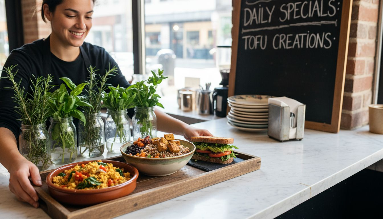 Cafe barista arranging tofu dishes on counter